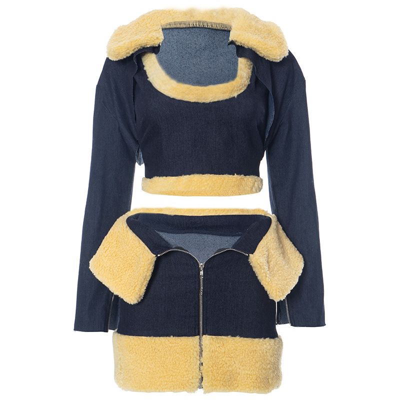 Q23ST Winter Sexy Casual Denim Patchwork Fur Casual Women 3 Piece Short Crop Cardigan Coat With Vest With Mini Denim Skirts Sets