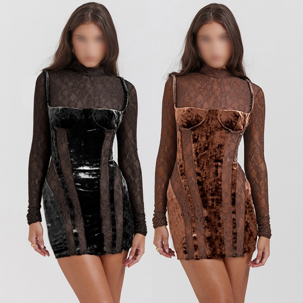 Jy23634 Autumn New Style Women's Turtleneck Dress Velvet Lace Long Sleeve Hollow Out Contrast Color Mini Dress For Women