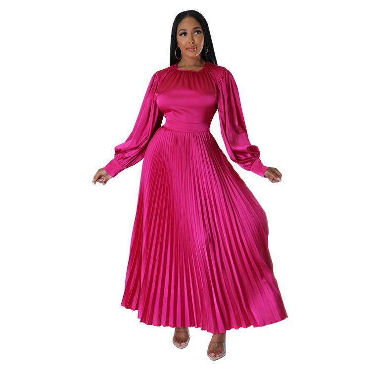 Latest 2024 Spring African Kitenge Dress Designs Solid Silk Long Sleeve Stripe Pleated Loose Long Casual Dress