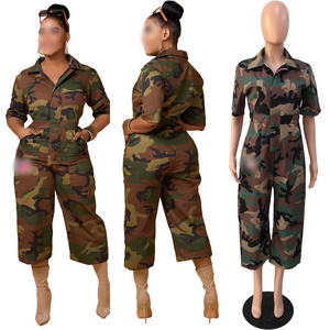 Y1889 Women Fall Washed Fabric Camouflage Jumpsuit Fashion Long Pants Jumpsuit