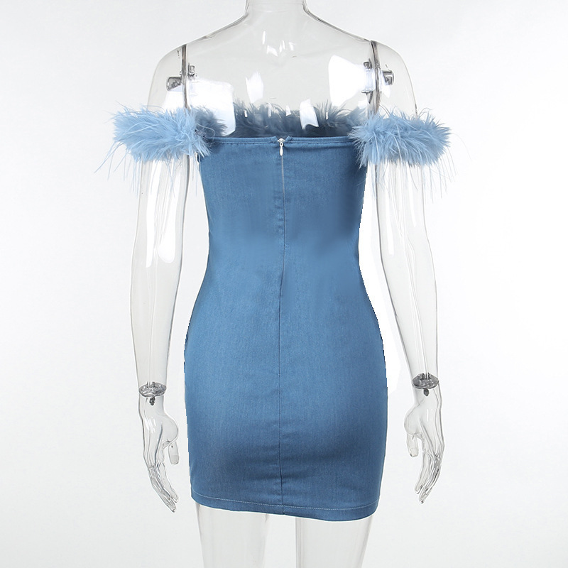 WY23099 2024 Fall Women Clothing Party Club Wear Hot Sexy Denim Jeans Feather Women's Dresses