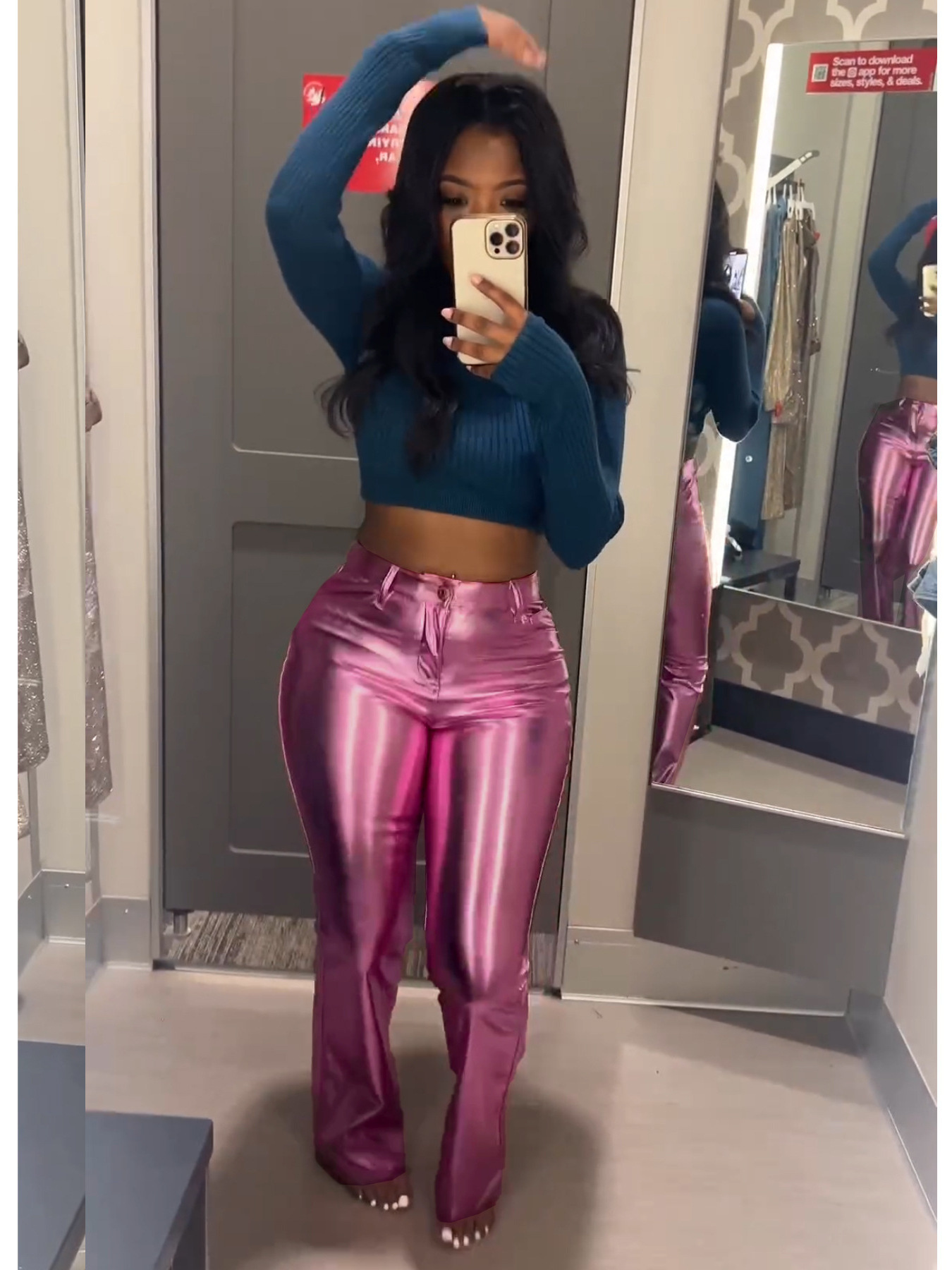 Y6014 New Chic 2024 High Quality Metallic Bright Straight Wide Leg Street Casual Leather Pants Ladies Pink Sexy Club Trousers