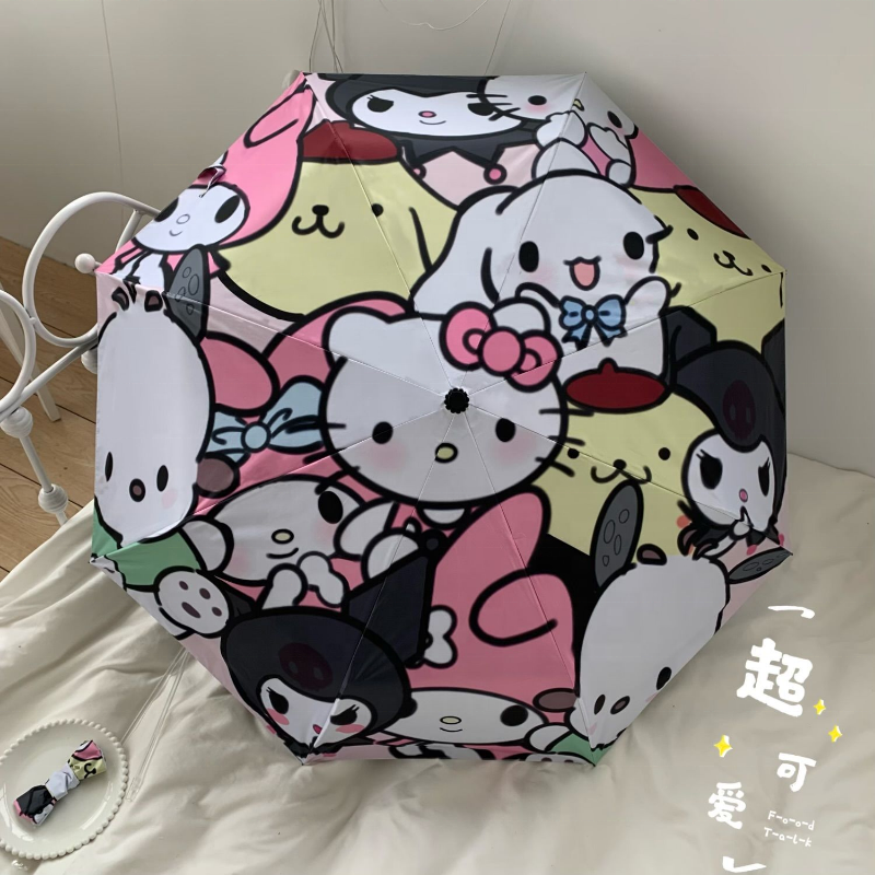 Sanrio Family Kitty Umbrella Parasol Folding Sunny Rainy Anti-UV Dual Use Anime Kawaii High Value Summer Travel Portable