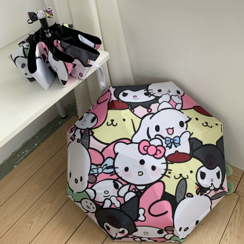 Sanrio Family Kitty Umbrella Parasol Folding Sunny Rainy Anti-UV Dual Use Anime Kawaii High Value Summer Travel Portable