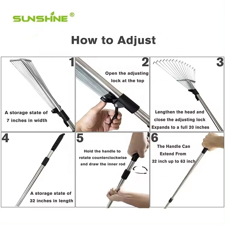 SUNSHINE 15T Telescopic Landscape Adjustable Folding Lawn Rake