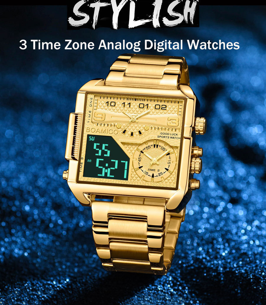 OEM ODM BOAMIGO F941 New Top Brand Luxury Fashion Men Watches gold Stainless Steel Sport square digital analog Big Quartz Watch