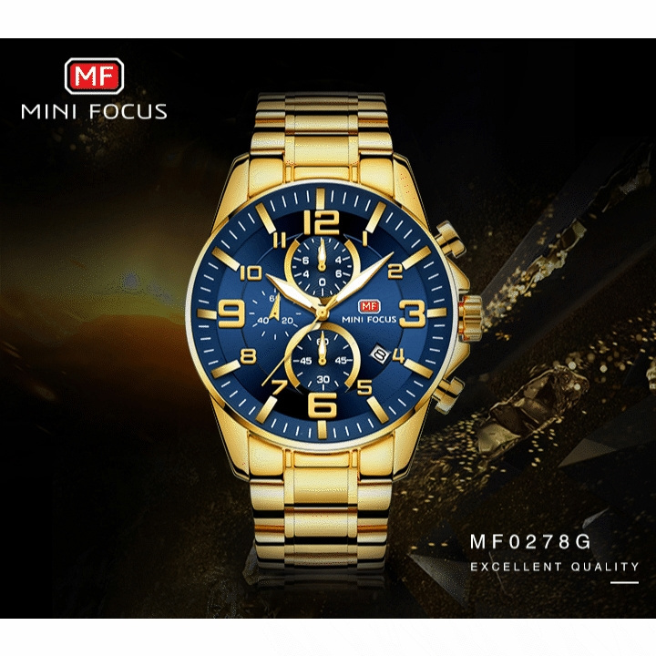 Mini Focus MF0278G Chronograph Luminous Fashion Gold Mens Stainless Steel Strip Quartz Wrist Watches Top Brand Luxury Watch