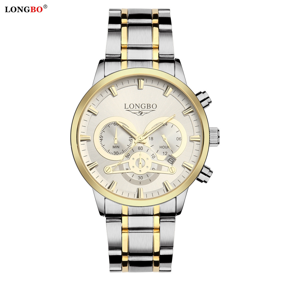 LONGBO 80736 Original Men's Gold Watch Stainless Steel Strap Fashion Quartz Date Showed Men Wrist Watch