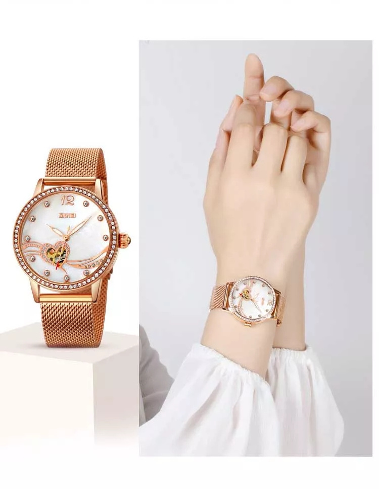 SKMEI  unique made in china 9255 rose gold ladies mechanical watch Waterproof Mesh band Tourbillion watch personalized watch set