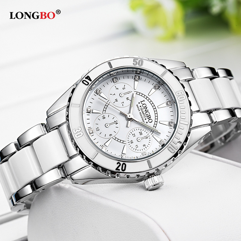 LONGBO 80303 Women Hand Watch For Girl Ceramic Pink Strap Diamond Decorate Dial Quartz Lady Watch