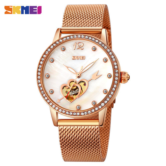 SKMEI  unique made in china 9255 rose gold ladies mechanical watch Waterproof Mesh band Tourbillion watch personalized watch set