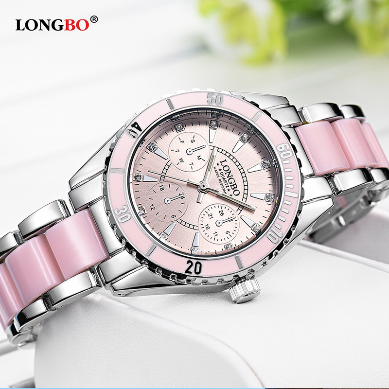 LONGBO 80303 Women Hand Watch For Girl Ceramic Pink Strap Diamond Decorate Dial Quartz Lady Watch