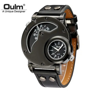 Oulm 9591 Two Time Zone Casual Leather Strap Wristwatch Male Big Size Sport Watches Unique Men's Quartz Watch relogio masculino