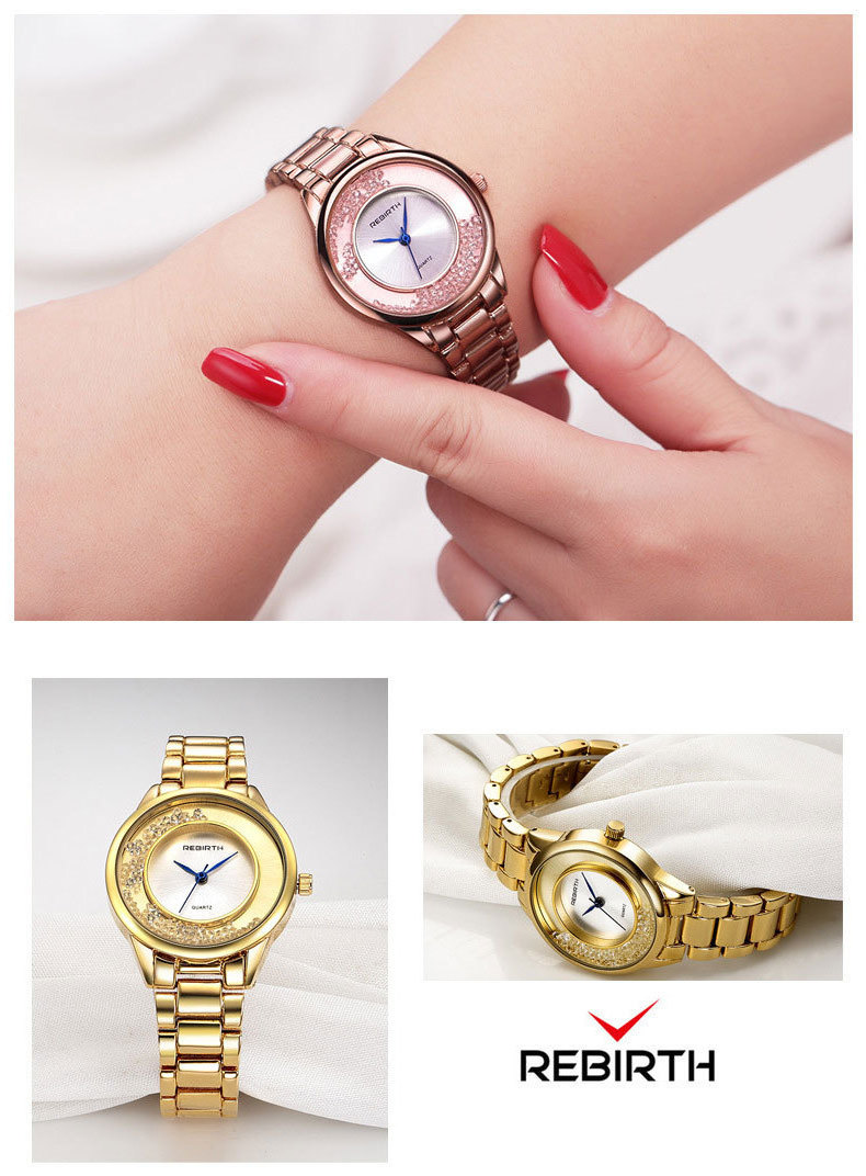 Beautiful Rose gold Stainless Steel Quartz Female Hand Watch Hot Sale Rebirth 068 Brand Women Wrist Watch with Diamond