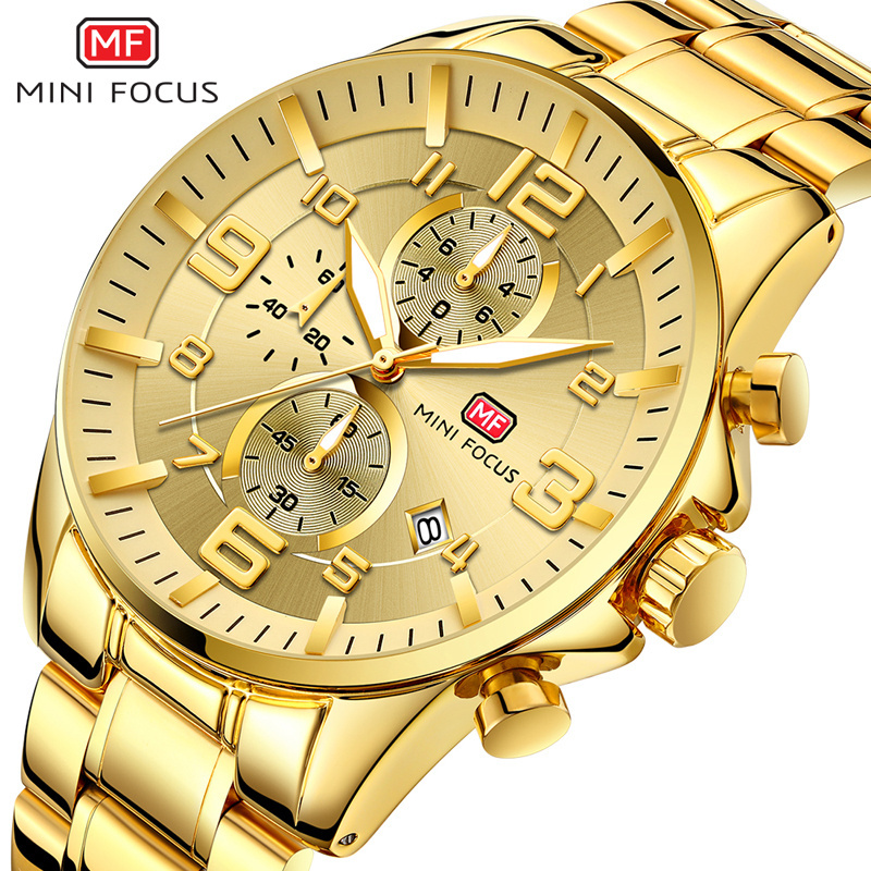 Mini Focus MF0278G Chronograph Luminous Fashion Gold Mens Stainless Steel Strip Quartz Wrist Watches Top Brand Luxury Watch