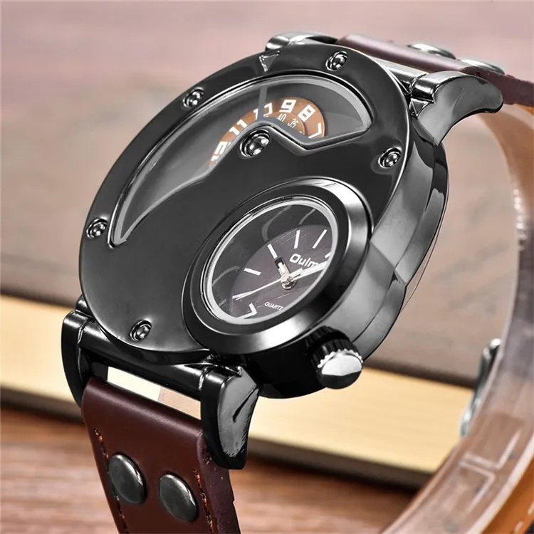 Oulm 9591 Two Time Zone Casual Leather Strap Wristwatch Male Big Size Sport Watches Unique Men's Quartz Watch relogio masculino