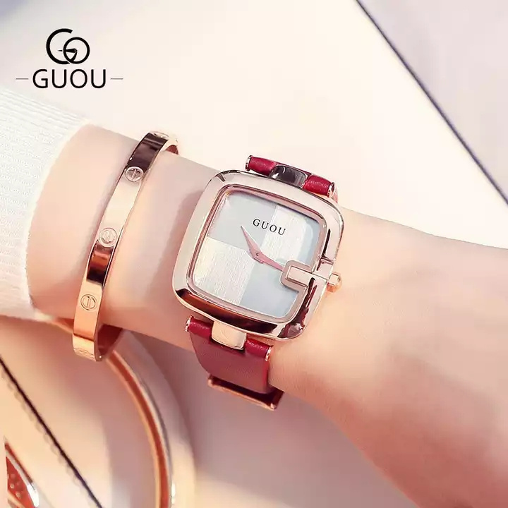 Guou Watch 8019 Top Brand Women Watches 2022 Square Fashion Zegarek Damski Luxury Ladies Bracelet For Women Leather Strap Clock