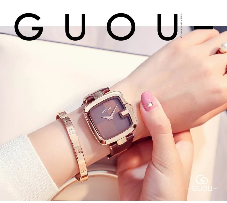 Guou Watch 8019 Top Brand Women Watches 2022 Square Fashion Zegarek Damski Luxury Ladies Bracelet For Women Leather Strap Clock