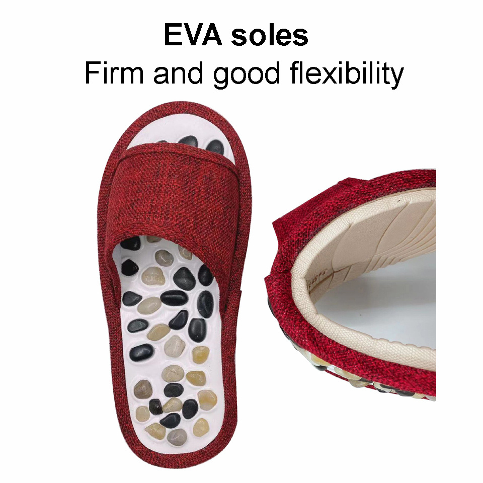 2024 new high polished natural stones pebbles linen fabric non-slip EVA soles foot acupoint Massage acupressure slippers