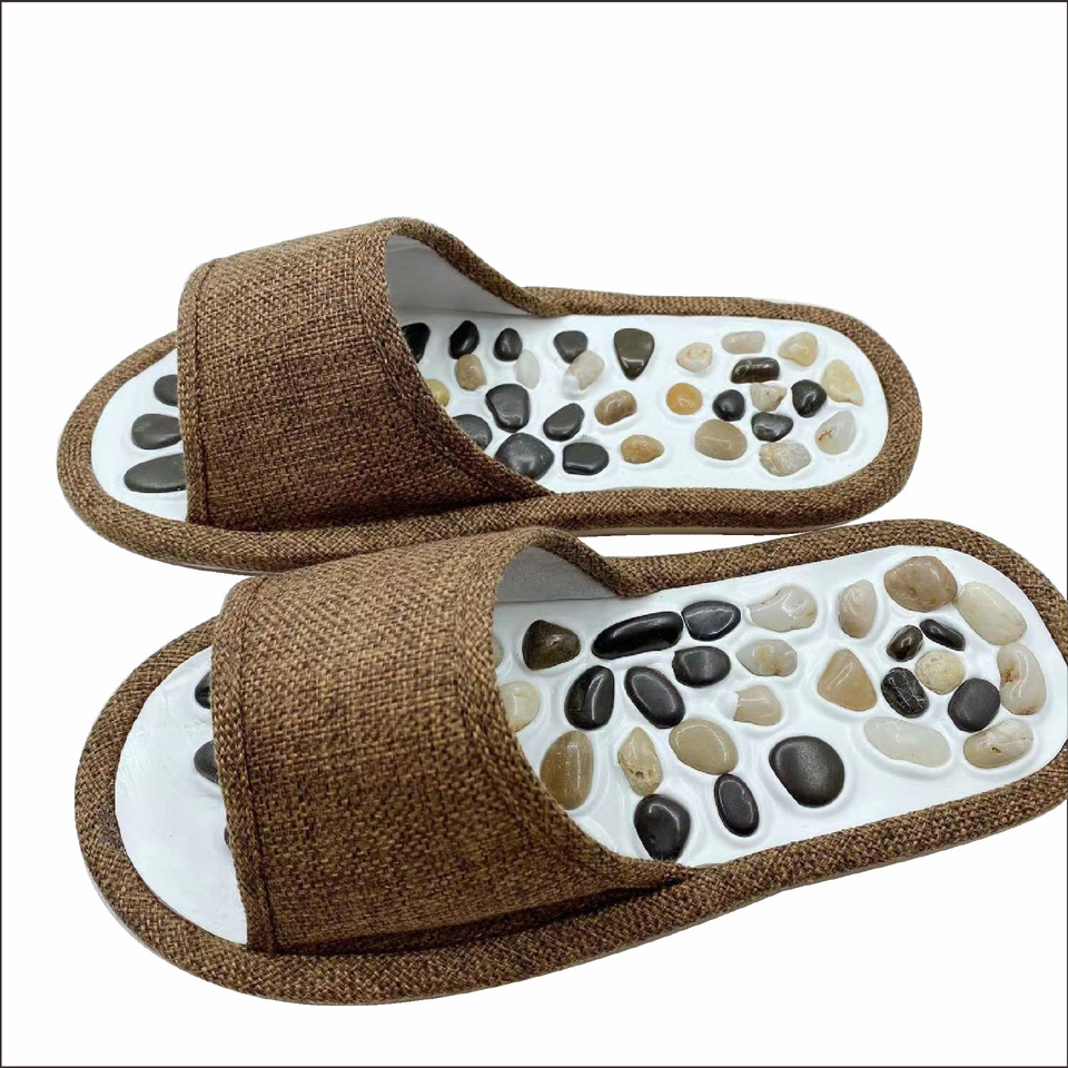 2024 new high polished natural stones pebbles linen fabric non-slip EVA soles foot acupoint Massage acupressure slippers