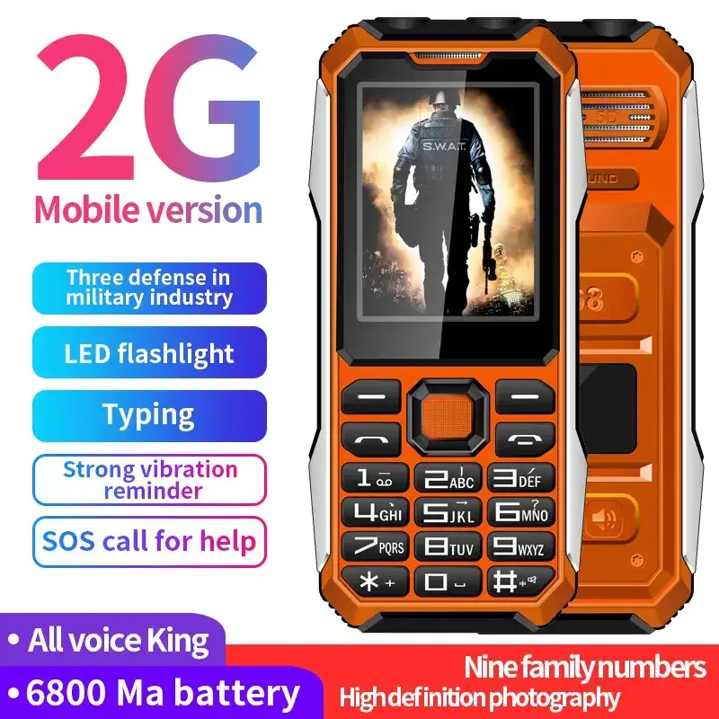 Rugged Mobile Phone A6 Dual Sim 2.8Inch Shockproof Big Font Loud Voice Strong Vibration Ultra-Thin Old Man Cellphone Flashlight