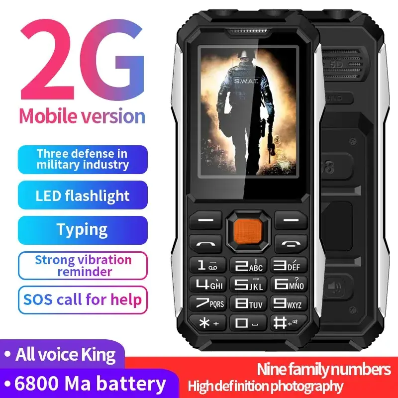 Rugged Mobile Phone A6 Dual Sim 2.8Inch Shockproof Big Font Loud Voice Strong Vibration Ultra-Thin Old Man Cellphone Flashlight