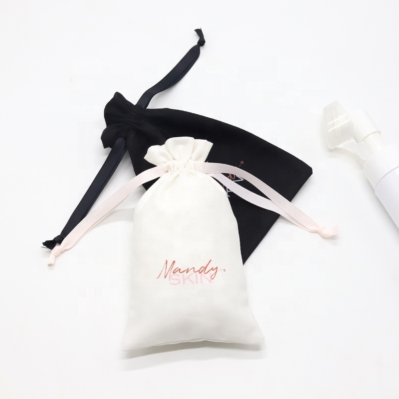 Custom Logo Printed Cotton Linen Gift Cosmetic Pouch Small Grey Drawstring Cotton Linen Perfume Bottle Bag