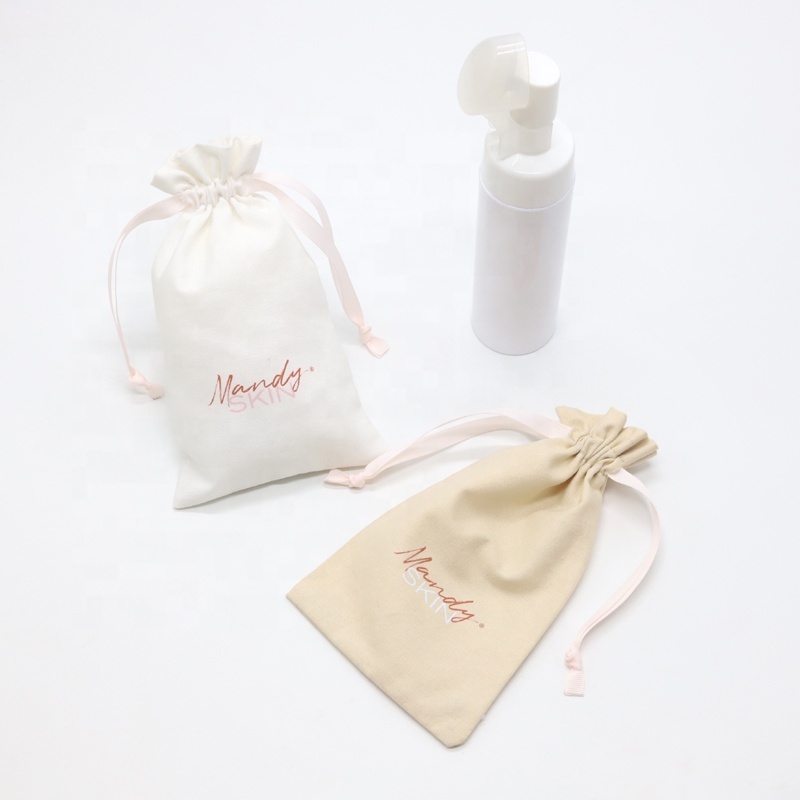 Custom Logo Printed Cotton Linen Gift Cosmetic Pouch Small Grey Drawstring Cotton Linen Perfume Bottle Bag