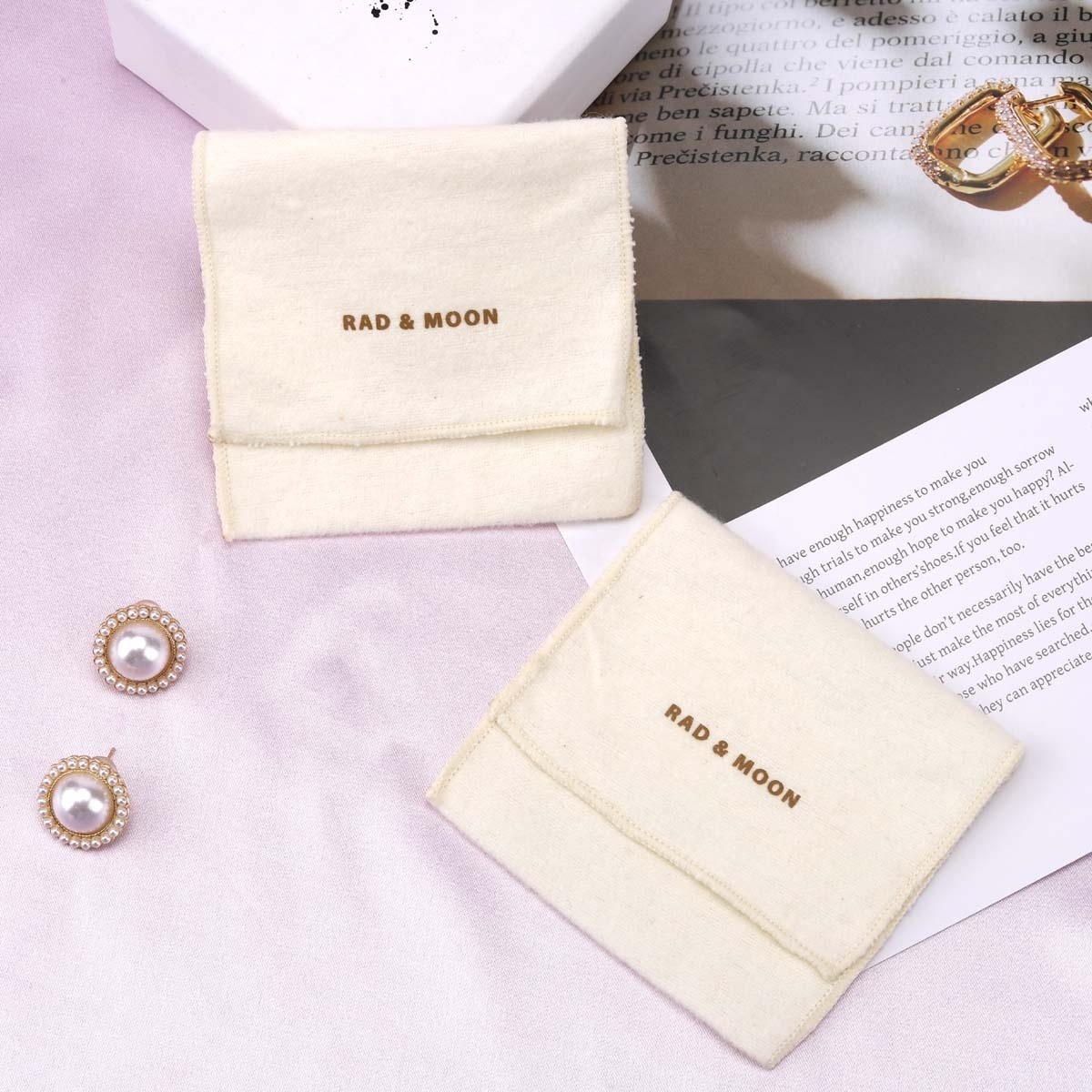 Personalized  Earring Ring Jewelry Packaging Dust Pouch Mini Luxury Envelope Flap Cotton Flannel Bag with Custom Logo Printing