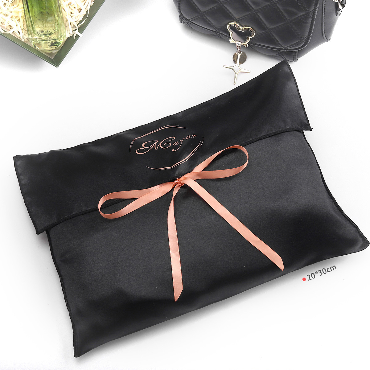 New Black Silk Satin Gift Wigs Dust Envelope Pouch Reusable With Custom Logo Printing Packaging Design Zipper Satin Bag