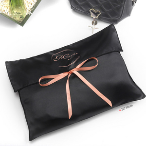 New Black Silk Satin Gift Wigs Dust Envelope Pouch Reusable With Custom Logo Printing Packaging Design Zipper Satin Bag