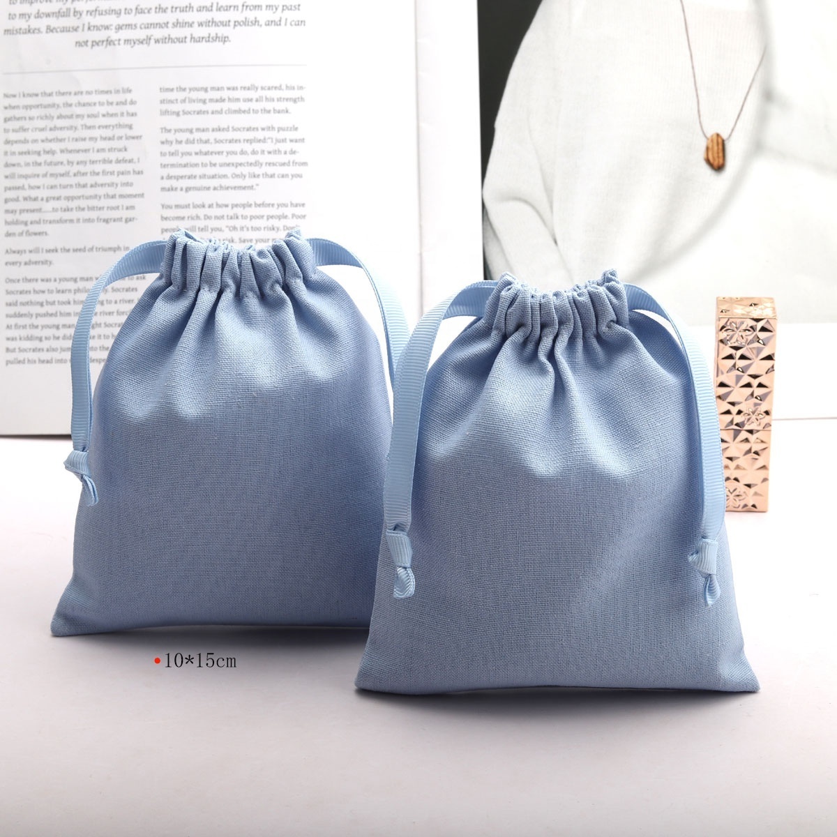 Eco-friendly Small Cotton Linen Fabric Gift Jewelry Pouch High Quality Soild Candle Cosmetic Drawstring Muslin Bag