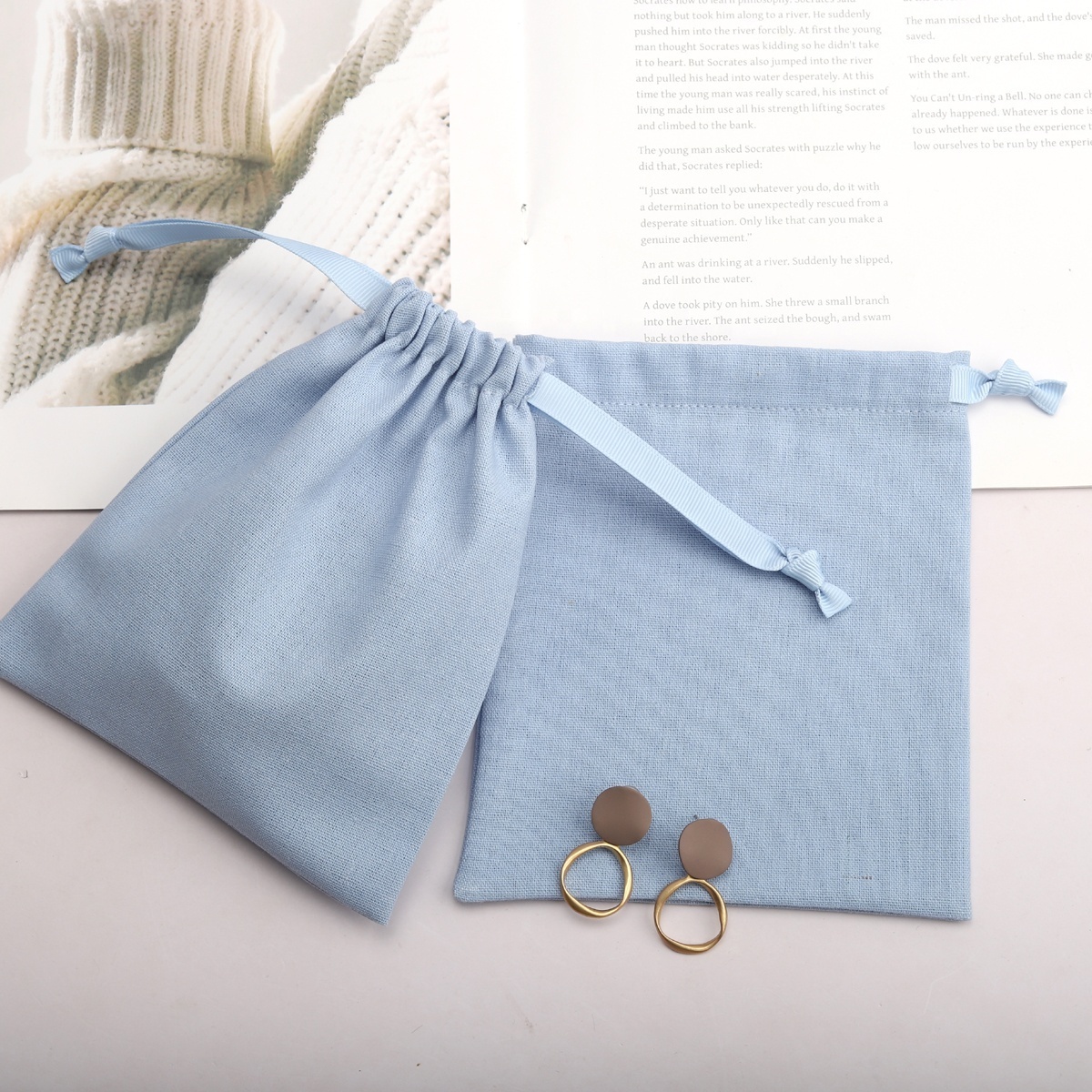 Eco-friendly Small Cotton Linen Fabric Gift Jewelry Pouch High Quality Soild Candle Cosmetic Drawstring Muslin Bag