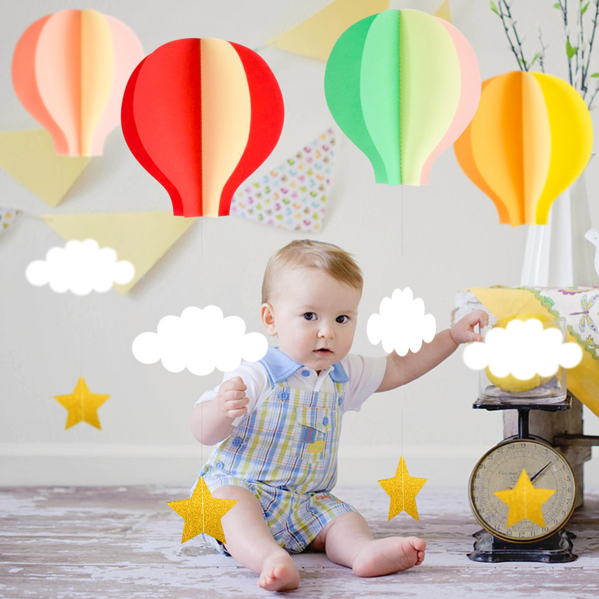 3D Paper Pastel Hot Air Balloon Garland Cloud Hanging Ornaments for Baby Shower Nursery Birthday Festive Party Home Decor