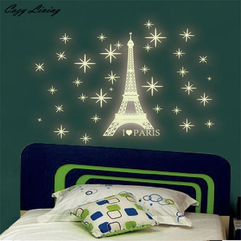 Luminous Wall Sticker DIY Eiffel Tower stars pattern Wallpaper Wall Stickers Glow In The Dark