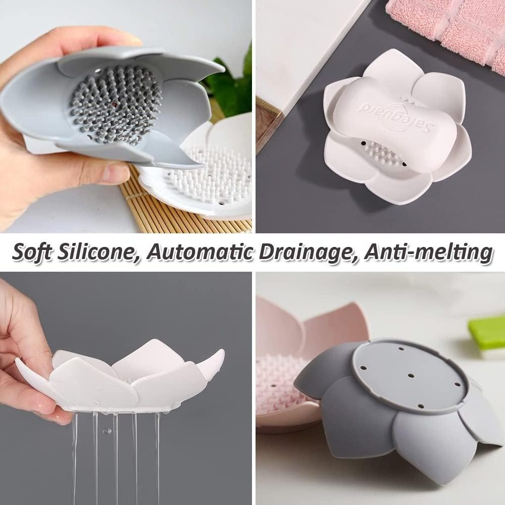 Silicone Soap Tray for Kitchen Sink. Flower Shape Soap Saver for Counter, Bathtub. Easy Dry (2 Pack, White + Grey)