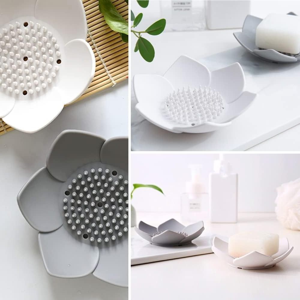 Silicone Soap Tray for Kitchen Sink. Flower Shape Soap Saver for Counter, Bathtub. Easy Dry (2 Pack, White + Grey)