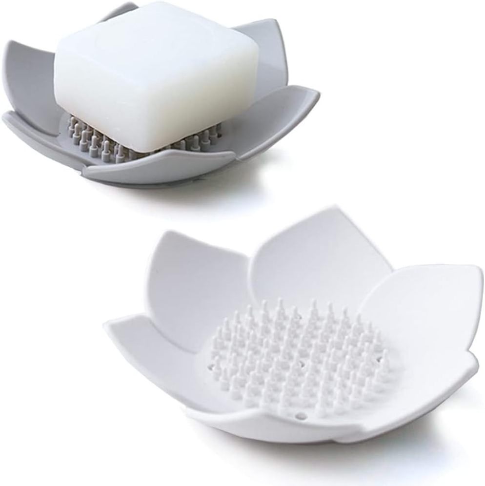 Silicone Soap Tray for Kitchen Sink. Flower Shape Soap Saver for Counter, Bathtub. Easy Dry (2 Pack, White + Grey)