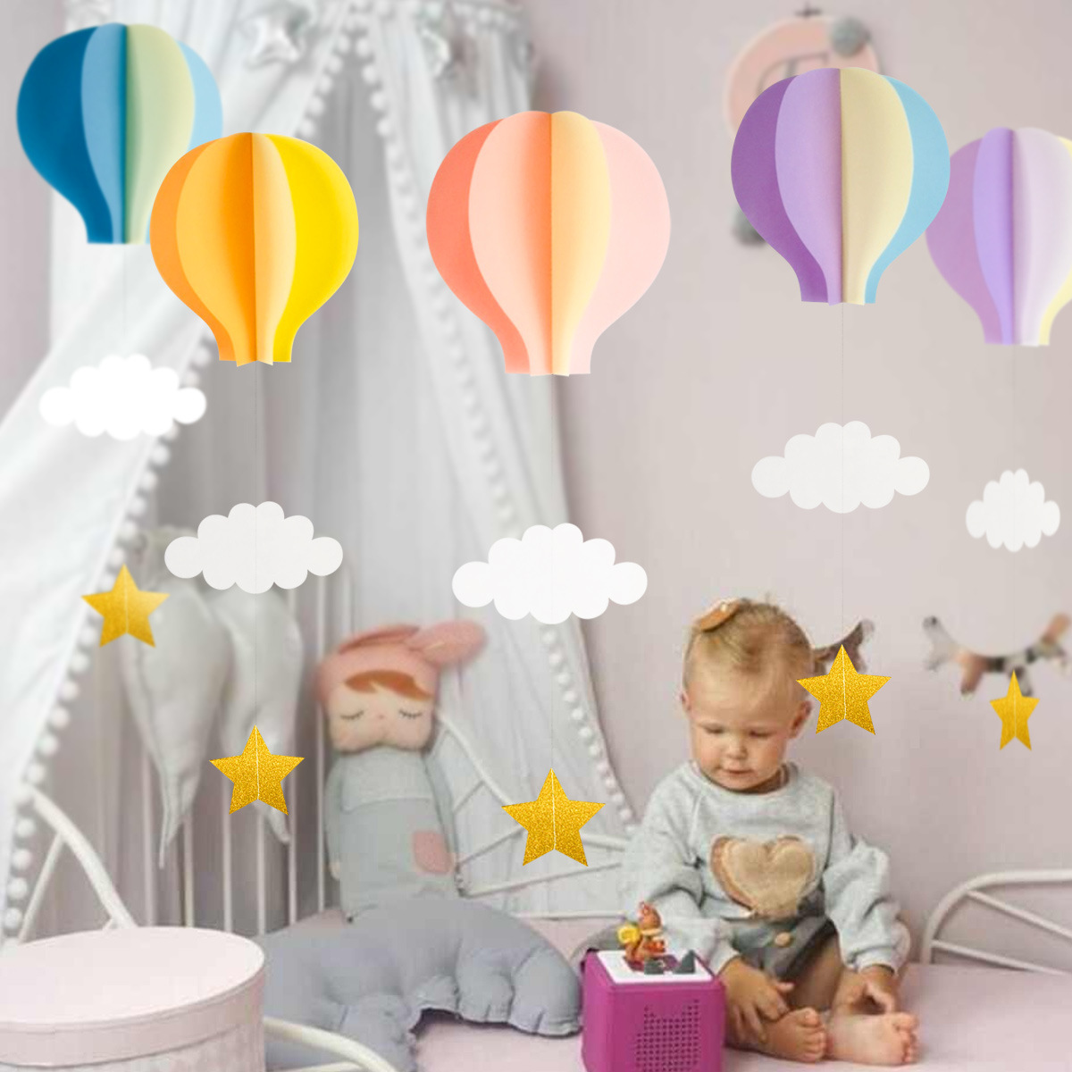 3D Paper Pastel Hot Air Balloon Garland Cloud Hanging Ornaments for Baby Shower Nursery Birthday Festive Party Home Decor