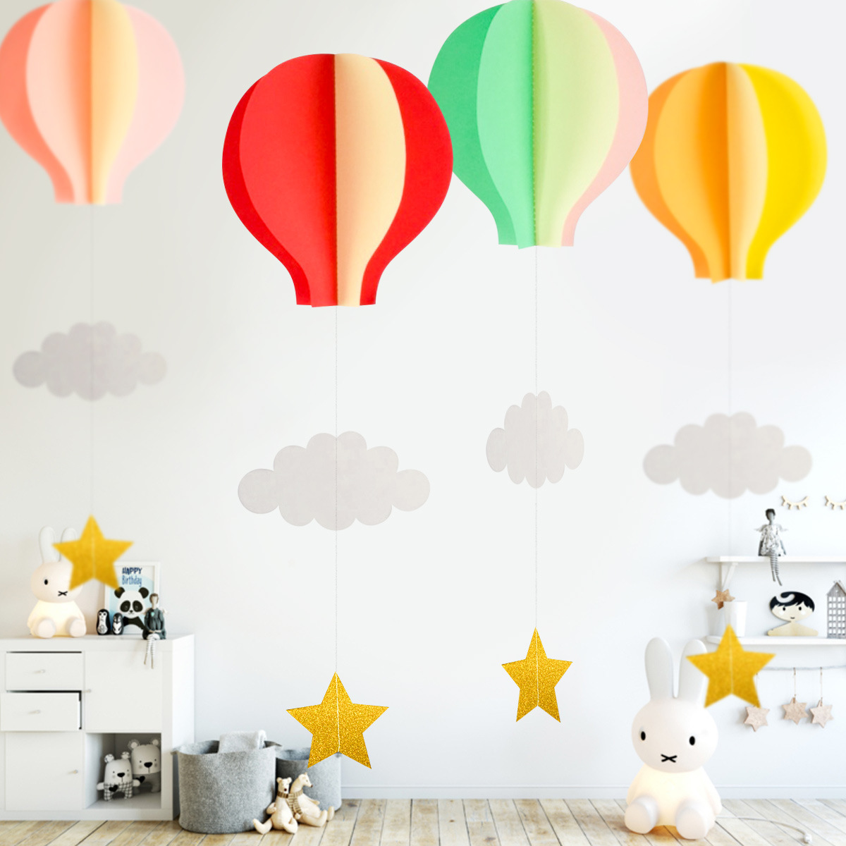 3D Paper Pastel Hot Air Balloon Garland Cloud Hanging Ornaments for Baby Shower Nursery Birthday Festive Party Home Decor