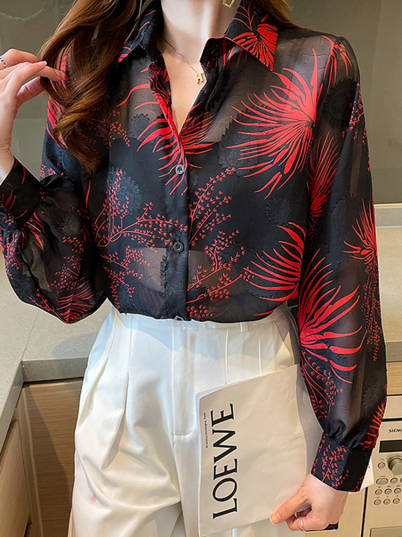 Black Long Sleeve Blouse Women Blusas Mujer De Moda 2023 Turn Down Collar Print Chiffon Blouse Shirt Women Tops 6036#