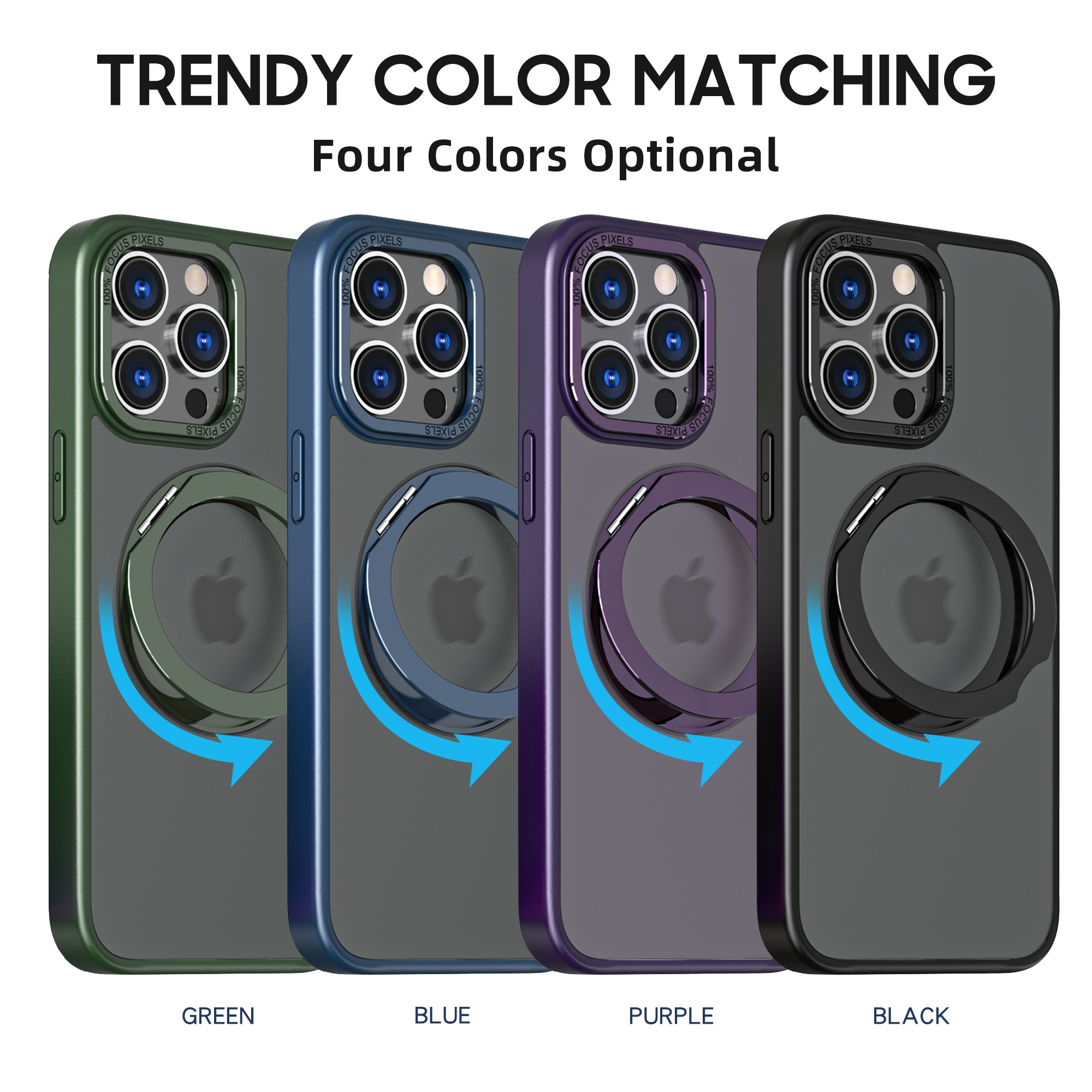 For iPhone 15 Pro Case with Magnetic Invisible Stand 360 Lens Guard Grade Shockproof Translucent Matte Phone Case