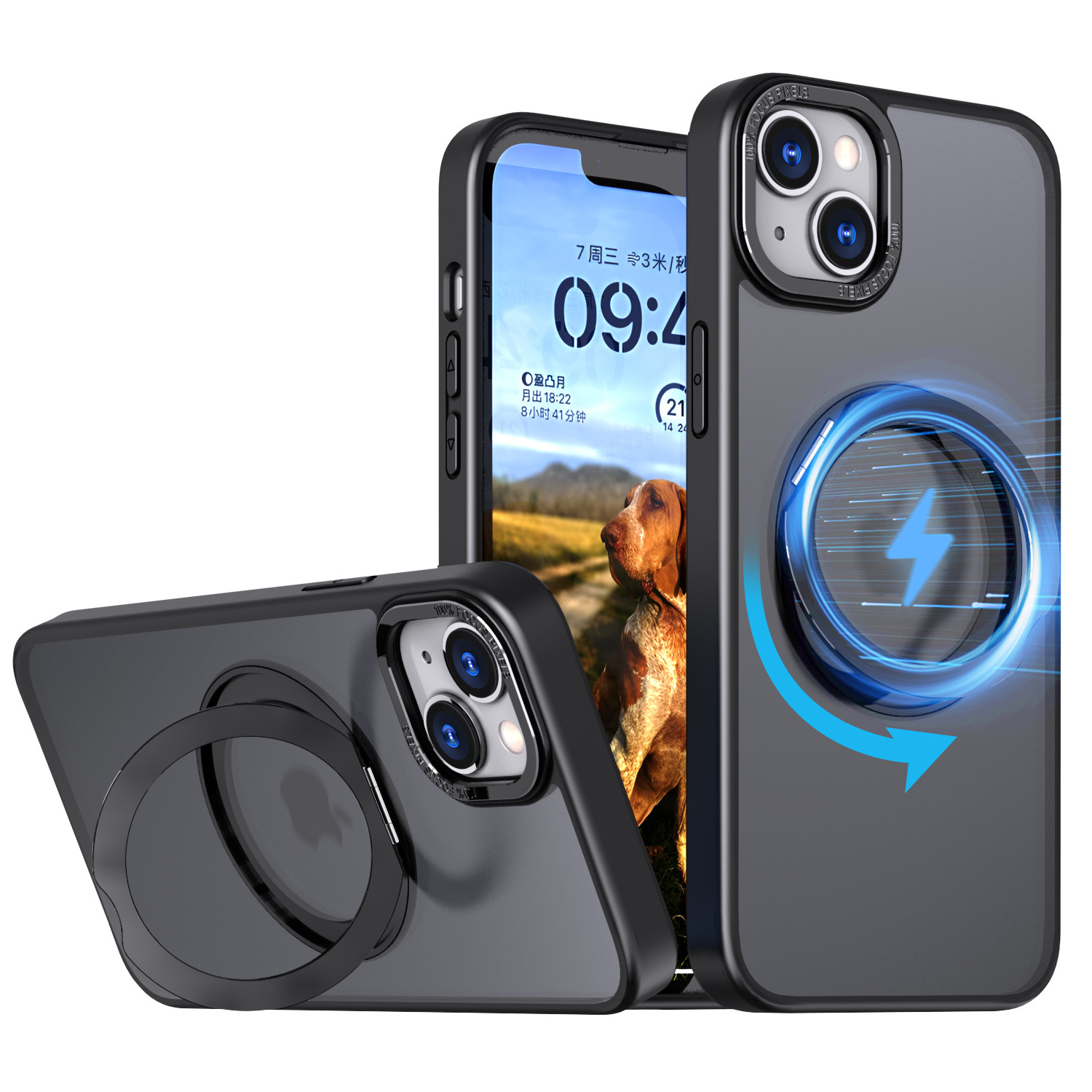 For iPhone 15 Pro Case with Magnetic Invisible Stand 360 Lens Guard Grade Shockproof Translucent Matte Phone Case