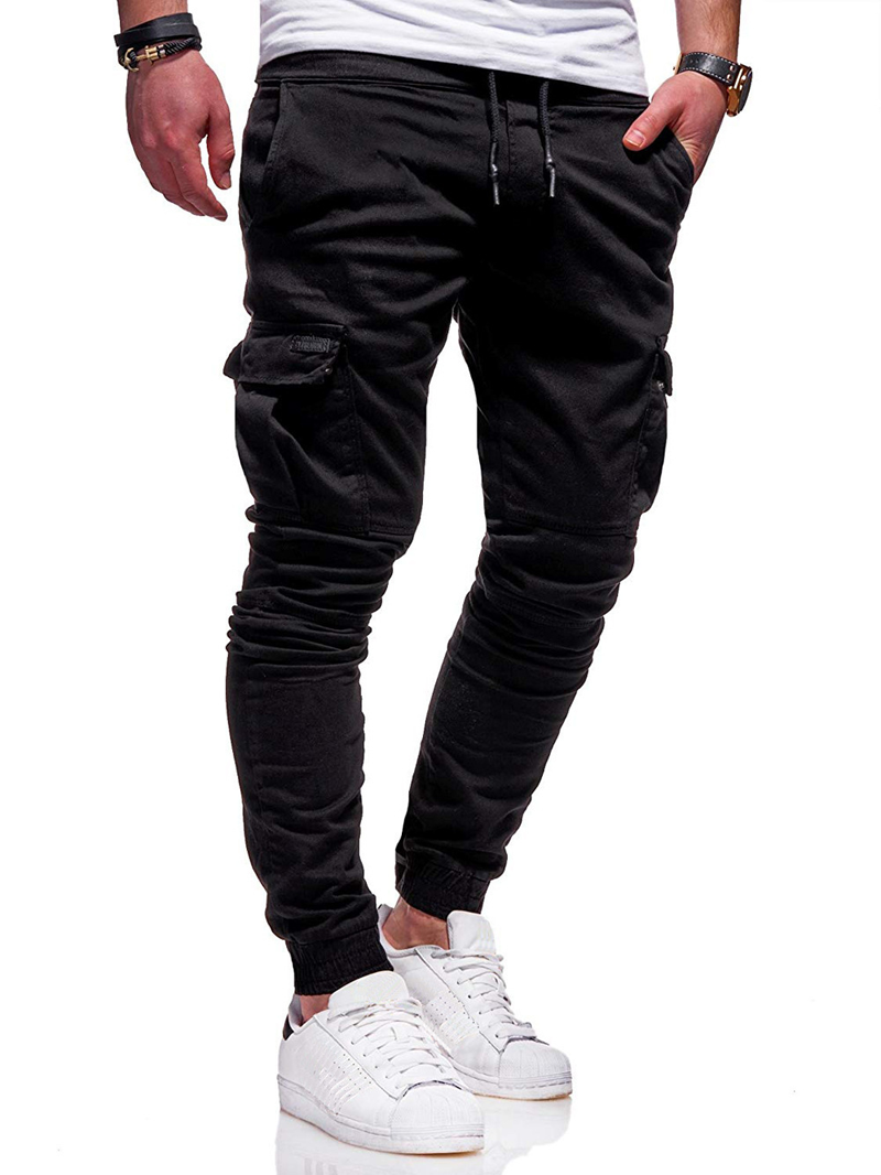 Dropshipping casual baggy slim cargo pants men youth fashion trend solid color cotton drawstring pants