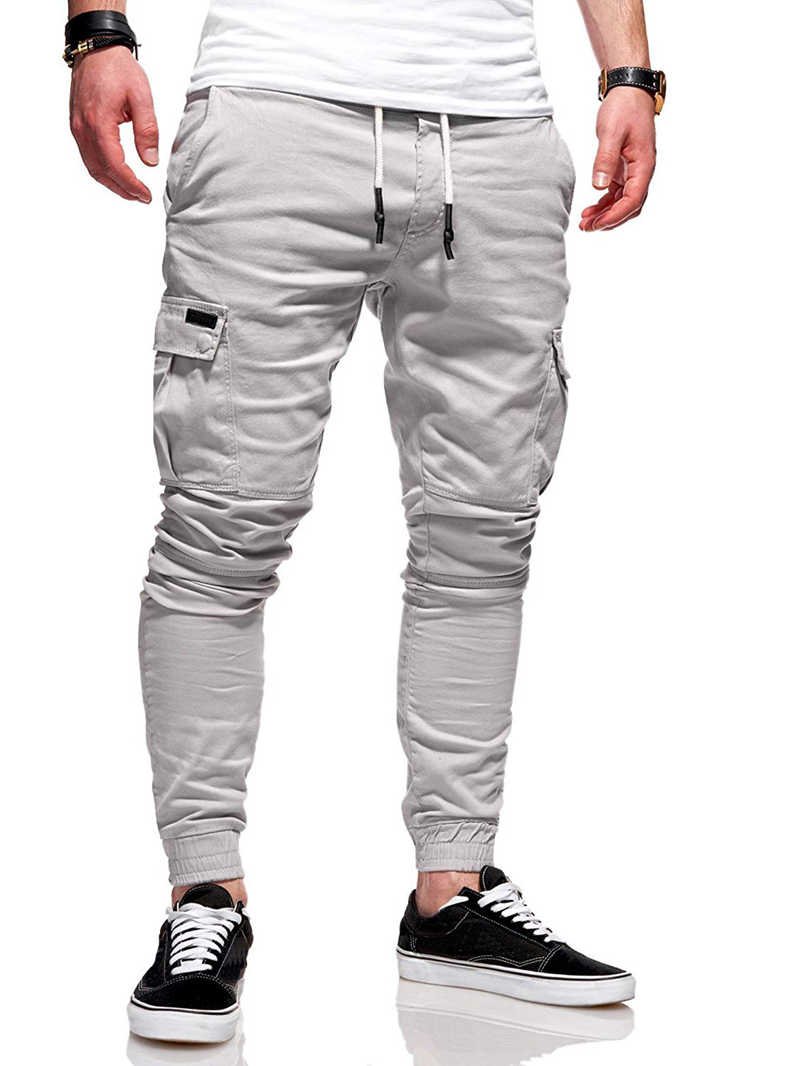 Dropshipping casual baggy slim cargo pants men youth fashion trend solid color cotton drawstring pants