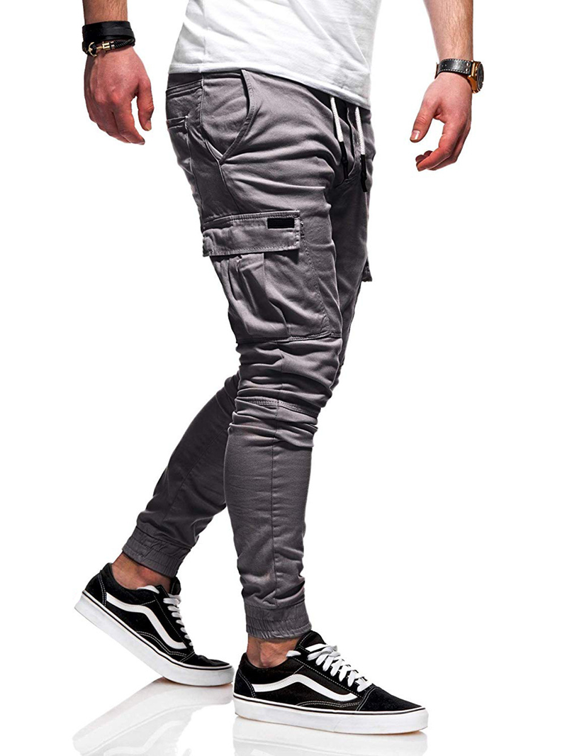 Dropshipping casual baggy slim cargo pants men youth fashion trend solid color cotton drawstring pants