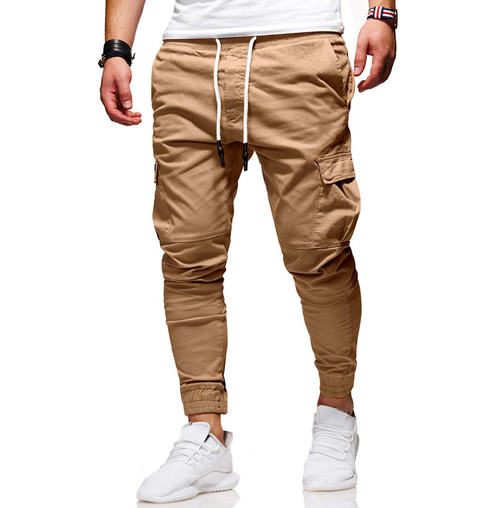 Dropshipping casual baggy slim cargo pants men youth fashion trend solid color cotton drawstring pants