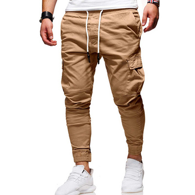 Dropshipping casual baggy slim cargo pants men youth fashion trend solid color cotton drawstring pants