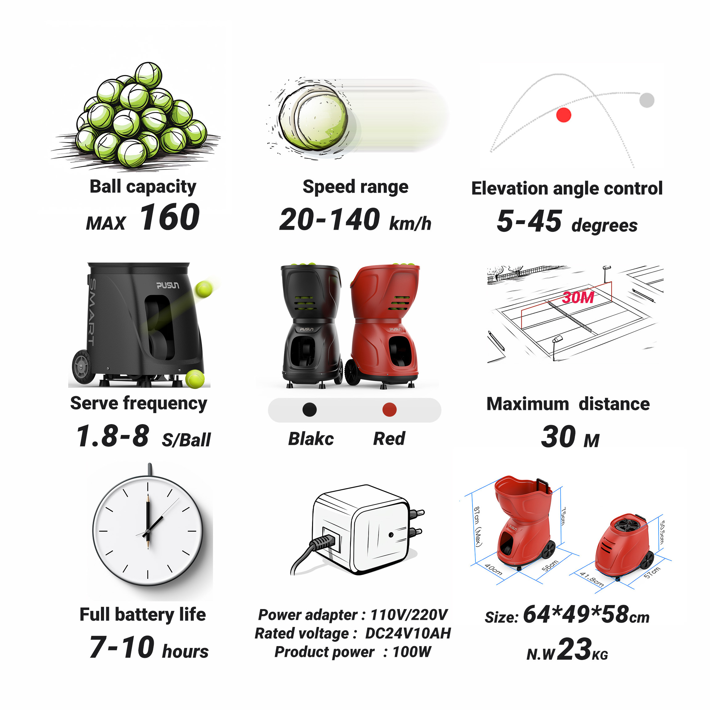 High Quality battery life 8-hours Padel and Tennis ball Speed range 20-140 km/h horizontal swing ball Padel ball for training