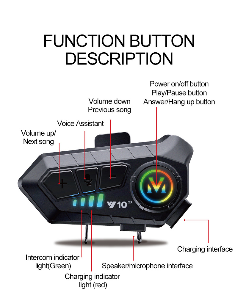 Y10 2X Long Lasting Battery Life Helmet Motorcycle Intercom For Motorcycle Helmets With Built In Intercom